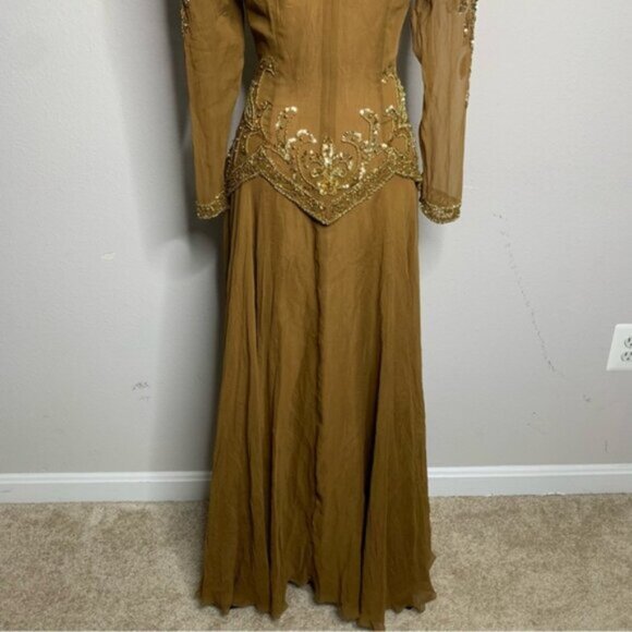 Isabella Vintage Silk Golden Sequin Beaded Embellished Evening Gown - Picture 14 of 16